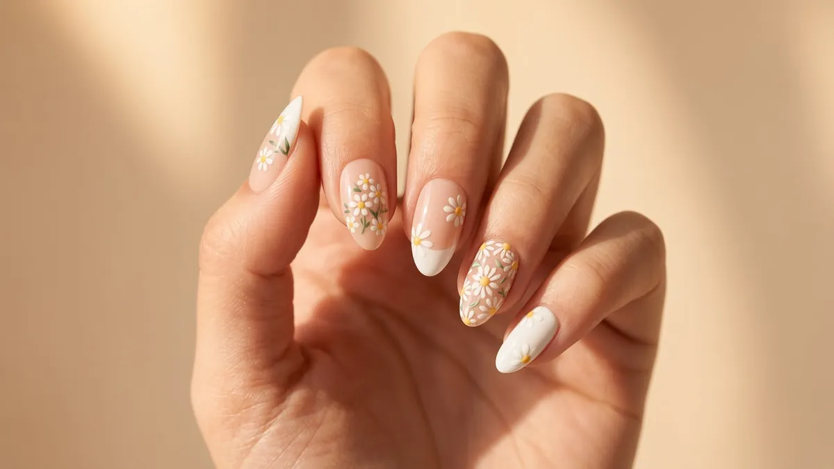 Fijne bloemen nail art op korte natuurlijke nagels