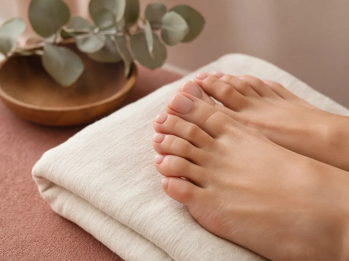 Verzorgde voeten na een pedicure behandeling op linnen